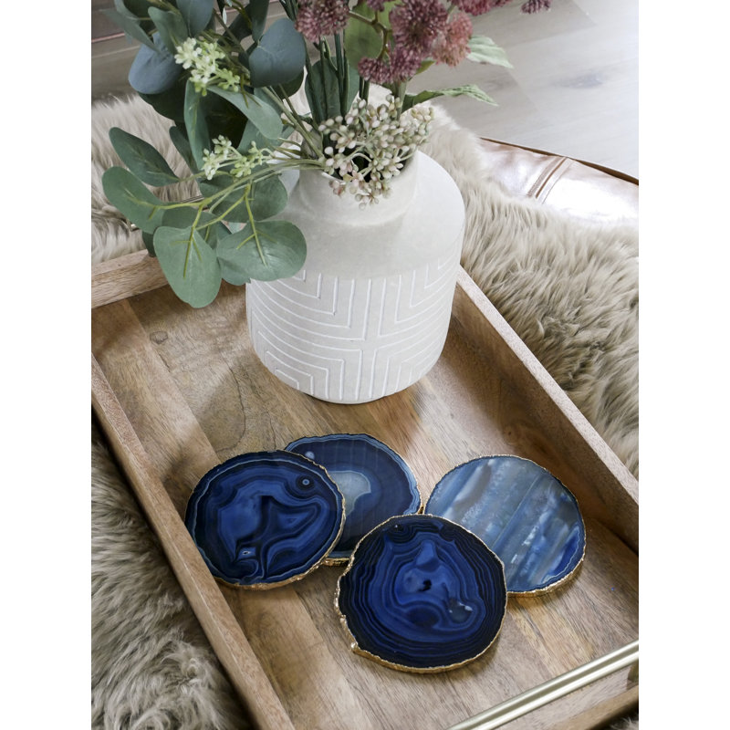 Blue Agate Coasters Gold Plated